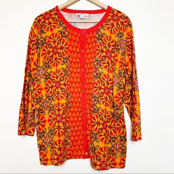 Isaac Mizrahi Sweaters - Isaac Mizrahi Live Orange Floral Cardigan Women’s Size Large